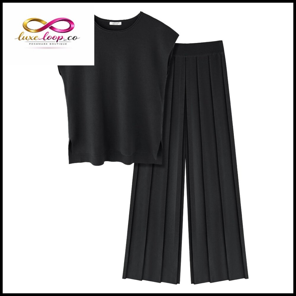 Knit Lounge Set With Cap Sleeve Top And Wide Leg Pants, Size Small